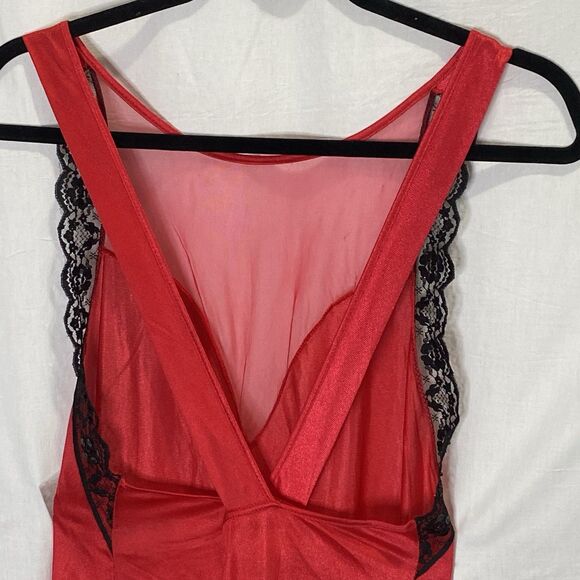 Adonna Vintage Nightgown Lace Sequins Sleeveless Mesh V Neck Womens M Red Black - Picture 3 of 12